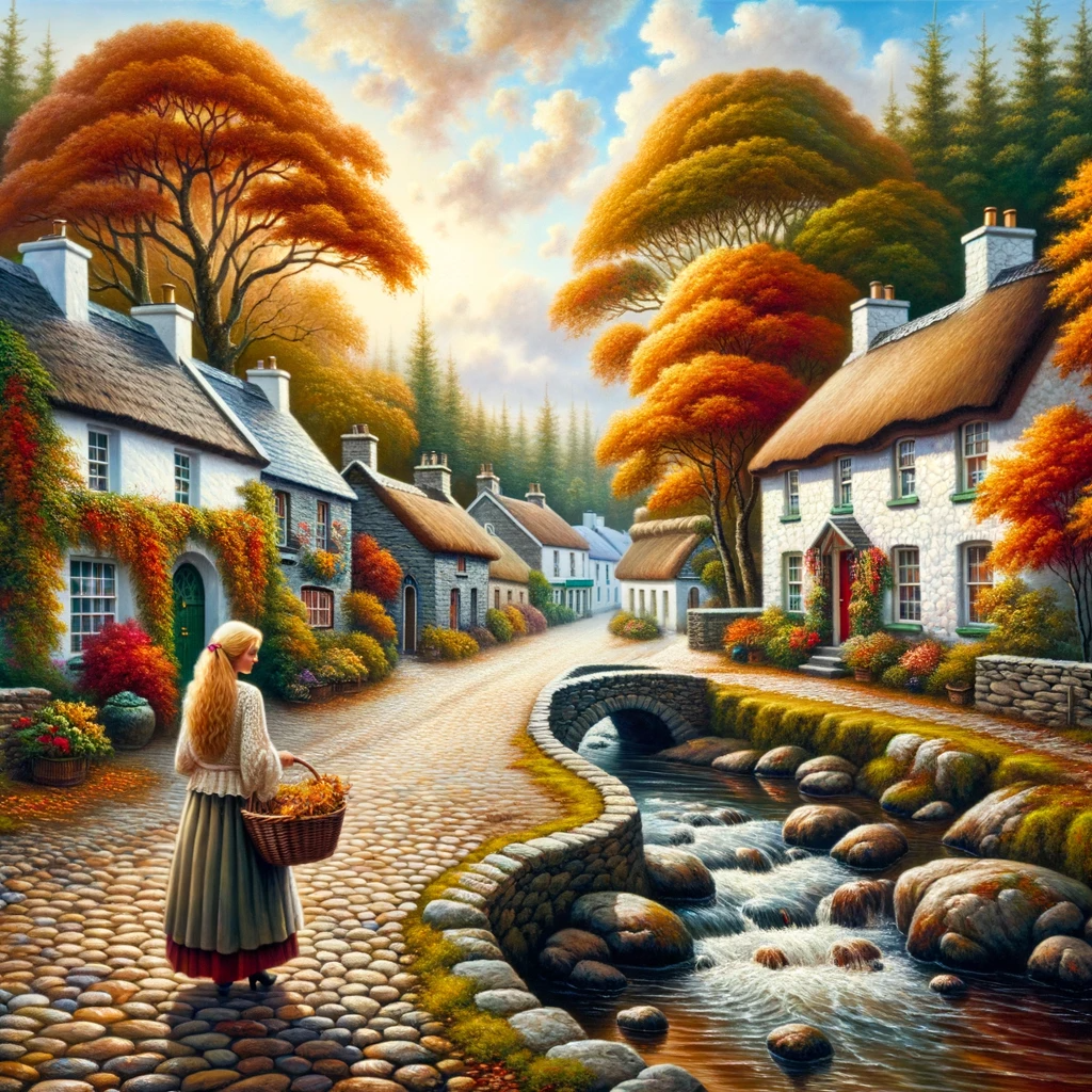 DALL·E 2023-10-05 11.16.39 - Oil painting of a quaint Irish village in the Autumn season. Cobblestone paths lead to charming houses with thatched roofs, and the trees boast fiery .png